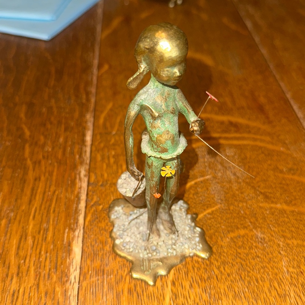 Malcom Moran, Bronze, Sculpture, Girl Holding Flower & Water Cube, Signed, 1972